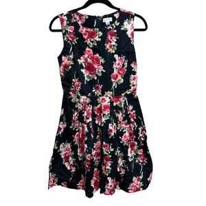 Monteau Black and Pink Sleeveless Floral Rose Dress Women’s Sz M Midi